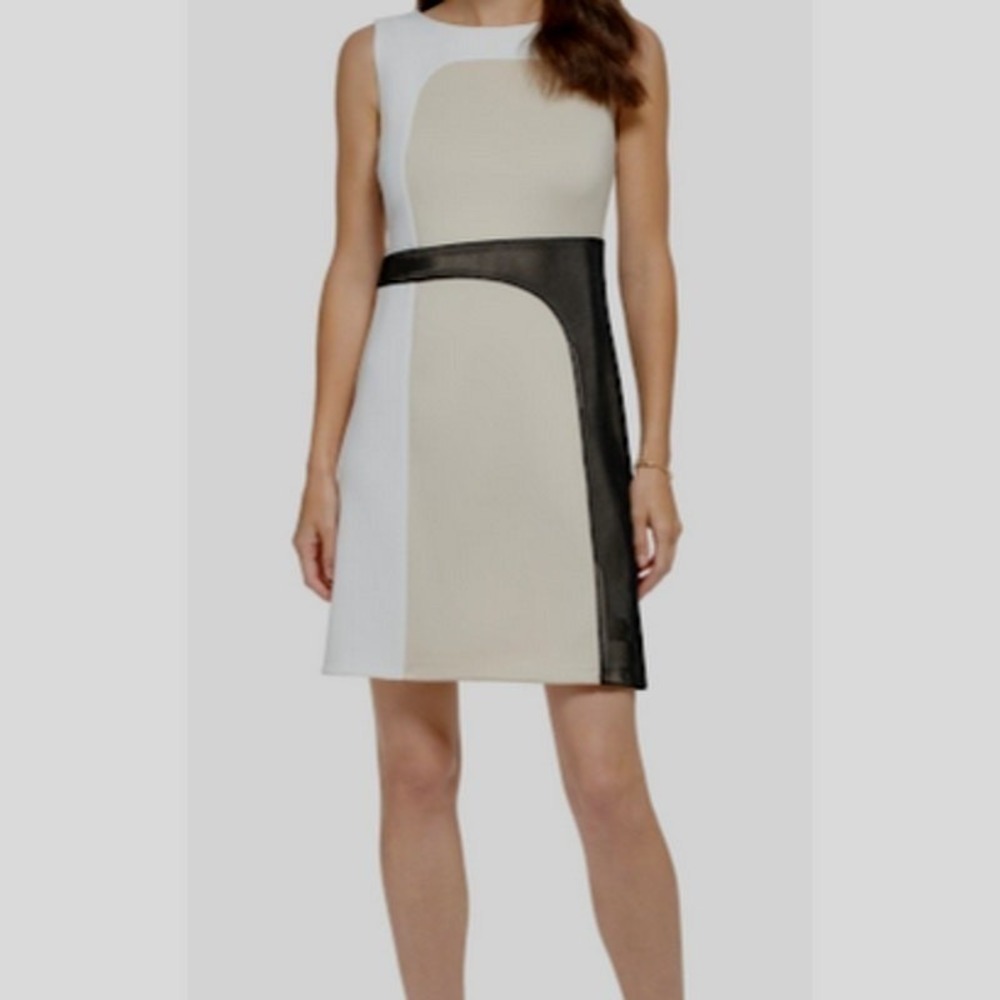 DKNY Sheath Dress Womens 14 White Tan New Colorblock Mesh Accent Sleeveless